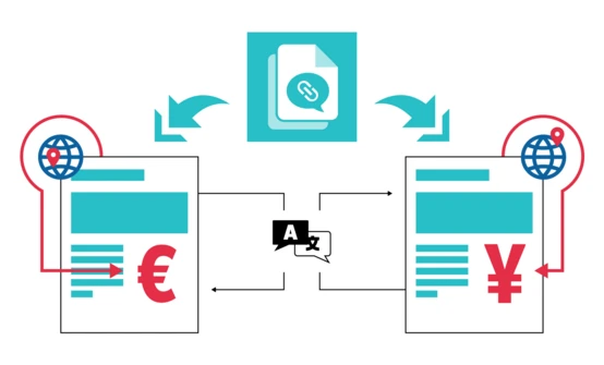Two documents are shown, one featuring the euro symbol (€) and the other the yen symbol (¥), connected by arrows. A central icon represents a link, with a translation symbol indicating communication between different languages or currencies.