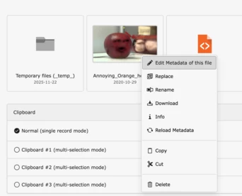 A red cartoonish orange character with a face is displayed among file icons and clipboard options in a digital interface.