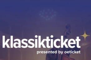 Logo for "klassikticket," presented by oeticket, featuring a blurred background of a concert hall.