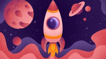 A stylized rocket with a large eye-shaped window is launching through a colorful space scene, surrounded by planets and rings, against a dark background.