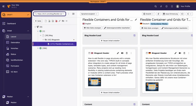 Dashboard interface displaying options for blog layout and content management, including sections for flexible containers and grids.
