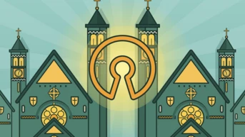 Two stylized church towers with crosses, featuring an oversized keyhole symbol in the center, set against a sunburst background.