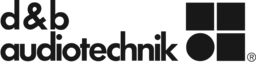 Logo von d&b audiotechnik, das stilisierte Schriftzüge und geometrische Formen zeigt, darunter Quadrate und einen Kreis. Das Design betont eine moderne und professionelle Ästhetik.