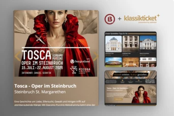 Promotional poster for the opera "Tosca" at Steinbruch St. Margarethen, featuring a woman in a red cloak. Dates: July 15 - August 22, 2026.