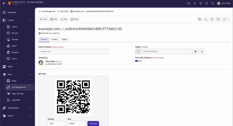 QR code displayed on a digital interface, with fields for source domain, target URL, and creation details.