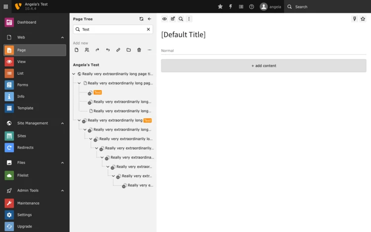 A web interface displaying a dashboard with a sidebar menu. The main area shows a document titled "[Default Title]" with placeholder text labeled "Angie's Test" and multiple entries of "Really very extraordinarily long page text."