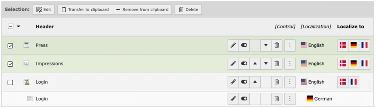 Table displaying localization options for various headers, including "Press," "Impressions," and "Login," with checkboxes for selection and language options for English, Korean, French, and German.