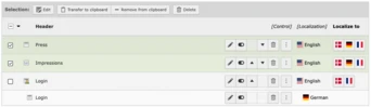 Tabelle mit Lokalisierungsoptionen für verschiedene Überschriften, einschließlich „Presse“, „Eindrücke“ und „Anmelden“, mit Auswahlkästchen und Sprachoptionen für Englisch, Koreanisch, Französisch und Deutsch.