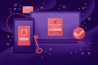 Ein Smartphone mit einem gesperrten Bildschirm und einem Passwort, ein Laptop, der ein Anmeldeformular zeigt, und ein Schlüsselsymbol, alles vor einem lila Hintergrund mit abstrakten Formen und Symbolen, die Sicherheit und Verifizierung darstellen.