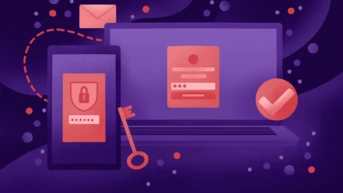 A smartphone displaying a locked screen with a password, a laptop showing a login form, and a key symbol, all set against a purple background with abstract shapes and icons representing security and verification.