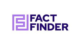 Logo featuring the text "FACT FINDER" in bold, modern typography, with a stylized geometric design in purple and white.