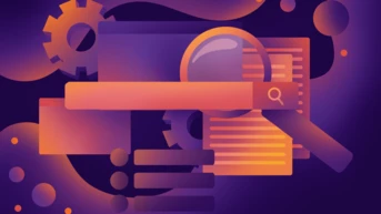 A magnifying glass overlays various abstract shapes, including gears and rectangles, against a dark purple background. The design suggests themes of search, analysis, and technology.