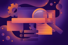 A magnifying glass overlays various abstract shapes, including gears and rectangles, against a dark purple background. The design suggests themes of search, analysis, and technology.