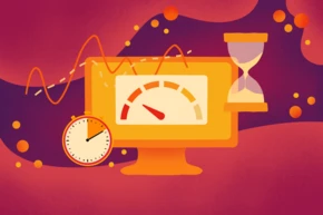 A computer monitor displays a speedometer gauge, an hourglass, and a clock, symbolizing time management and performance metrics, set against a colorful abstract background.