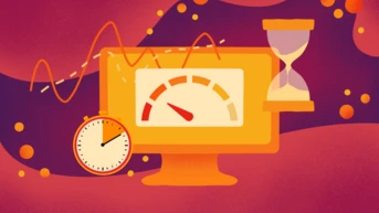 A computer monitor displays a speedometer gauge, an hourglass, and a clock, symbolizing time management and performance metrics, set against a colorful abstract background.