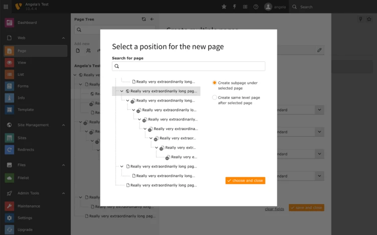 A dialog box titled "Select a position for the new page" displays a search field and a list of options labeled "Really very extraordinarily long page." Options include creating a subpage or same-level page.