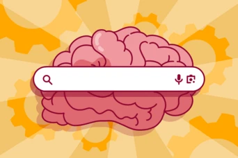 A stylized pink brain is depicted with a search bar overlay, featuring icons for voice and camera search. The background includes yellow gears, suggesting themes of knowledge and technology.