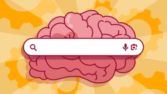 Ein stilisierter pinker Gehirn wird mit einer Suchleiste dargestellt, die Symbole für Sprach- und Kamerasuche enthält. Der Hintergrund zeigt gelbe Zahnräder, die Themen wie Wissen und Technologie andeuten.