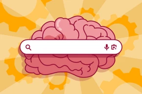 Graphic showing a search input field on a background showing a brain