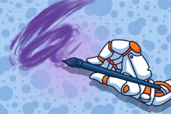 A robotic hand holds a paintbrush, creating a purple swirl against a light blue background with circular patterns.