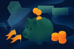 A green piggy bank with a coin being deposited on top, surrounded by stacks of coins and two yellow flags. Hexagonal shapes are in the background, adding a geometric element to the design.
