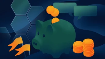 A green piggy bank with a coin being deposited on top, surrounded by stacks of coins and two yellow flags. Hexagonal shapes are in the background, adding a geometric element to the design.