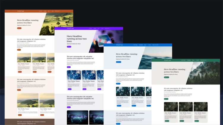 Vier Website-Design-Mockups, die verschiedene Farbschemata und Layouts präsentieren, jeweils mit einer auffälligen Überschrift und Bildbereichen.