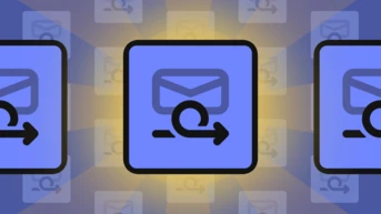 Three icons featuring an envelope with a circular arrow, symbolizing email forwarding or redirection, set against a gradient background.