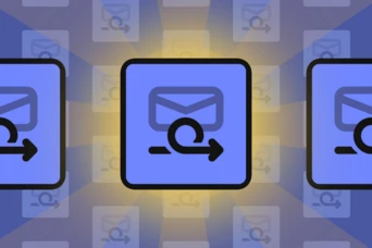 Three icons featuring an envelope with a circular arrow, symbolizing email forwarding or redirection, set against a gradient background.