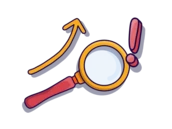 Magnifying glass with a red handle, accompanied by an upward arrow, suggesting analysis or investigation.