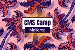 Bunte Palmenblätter mit einem zentralen Textfeld, das "CMS Camp Mallorca" liest. Das Design hat ein tropisches Thema.