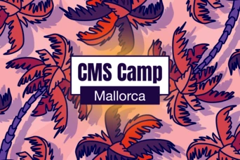 Colorful palm leaves with a central text box reading "CMS Camp Mallorca." The design features a tropical theme.