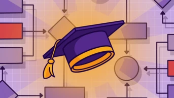 A purple graduation cap with a yellow tassel is centered among various flowchart elements, including rectangles and circles, set against a light gradient background.