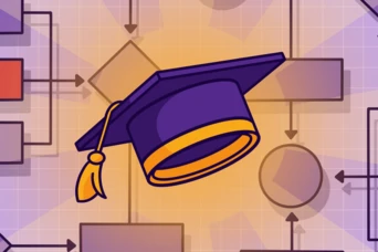 A purple graduation cap with a yellow tassel is centered among various flowchart elements, including rectangles and circles, set against a light gradient background.