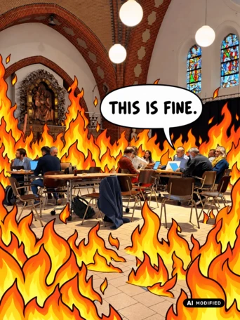 Eine Gruppe von Menschen sitzt an Tischen in einem Raum, umgeben von Flammen, mit einer Sprechblase, die sagt: "DAS IST OKAY.