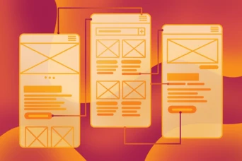 Drei Wireframe-Designs für mobile Anwendungen werden angezeigt, die unterschiedliche Layouts und Inhaltsstrukturen präsentieren. Linien verbinden die Bildschirme und zeigen einen Fluss oder eine Beziehung zwischen ihnen an. Der Hintergrund zeigt abstrakte orange und gelbe Formen.