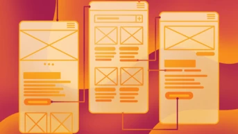 Three wireframe designs for mobile applications are displayed, showcasing different layouts and content structures. Lines connect the screens, indicating a flow or relationship between them. The background features abstract orange and yellow shapes.