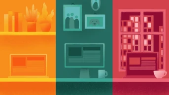 A stylized workspace divided into three sections: the left features books and plants, the center showcases a computer with a mug, and the right displays a window with a cityscape view.