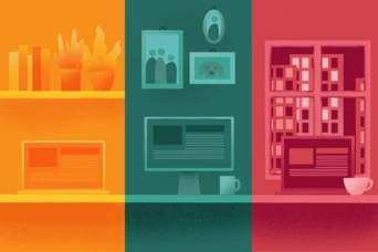 A stylized workspace divided into three sections: the left features books and plants, the center showcases a computer with a mug, and the right displays a window with a cityscape view.