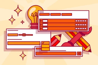 Grafik mit Benutzerschnittstellenelementen wie Schiebereglern, Kontrollkästchen und Eingabefeldern, begleitet von einer Glühbirne und Zeichentools wie Bleistiften und einem Lineal, alles in einem lebhaften Rot- und Orangeton.
