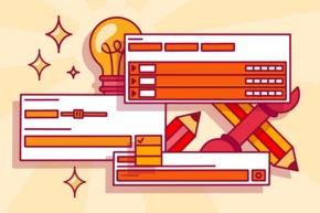 Graphic featuring user interface elements such as sliders, checkboxes, and input fields, accompanied by a light bulb and drawing tools like pencils and a ruler, all in a vibrant red and orange color scheme.