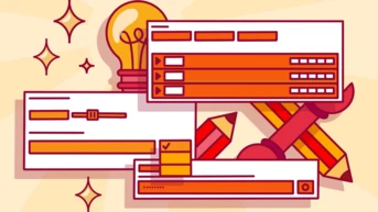 Graphic featuring user interface elements such as sliders, checkboxes, and input fields, accompanied by a light bulb and drawing tools like pencils and a ruler, all in a vibrant red and orange color scheme.