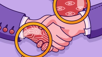 Two hands shaking, one depicted with a circuit pattern and the other with eye motifs, viewed through two magnifying glasses. The background is a solid purple color.