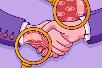 Two hands shaking, one depicted with a circuit pattern and the other with eye motifs, viewed through two magnifying glasses. The background is a solid purple color.