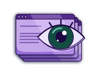 An eye symbol overlays multiple stacked browser windows, representing surveillance or monitoring of online activity.