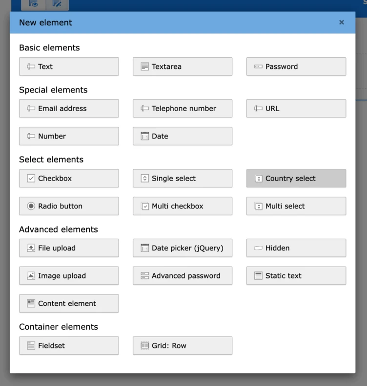 Screenshot of "New Element Wizard" for Form Framework highlighting the "Country Select" option