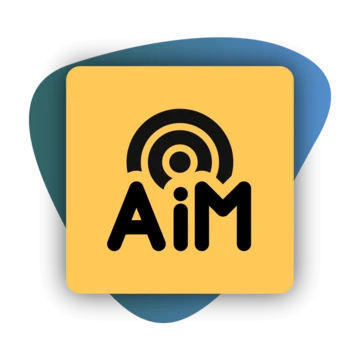 Logo featuring the letters "AiM" in bold, with a circular signal icon above, set against a yellow background with a blue accent.