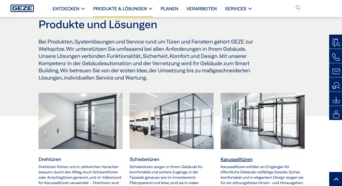 Überblick über GEZE-Produkte und -Lösungen, einschließlich automatischer Türen, Schiebetüren und Drehtüren, mit einem Fokus auf Funktionalität und Design.