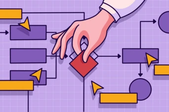 A hand is placing a red shape into a flowchart composed of various geometric figures, including rectangles and circles, with directional arrows indicating connections between them. The background features a grid pattern.