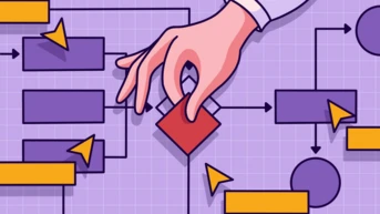 A hand is placing a red shape into a flowchart composed of various geometric figures, including rectangles and circles, with directional arrows indicating connections between them. The background features a grid pattern.